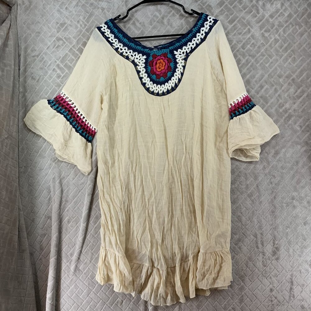 India Boutique Woman L Tunic Top Cream White Gauze Colorful Crochet Flare Sleeve